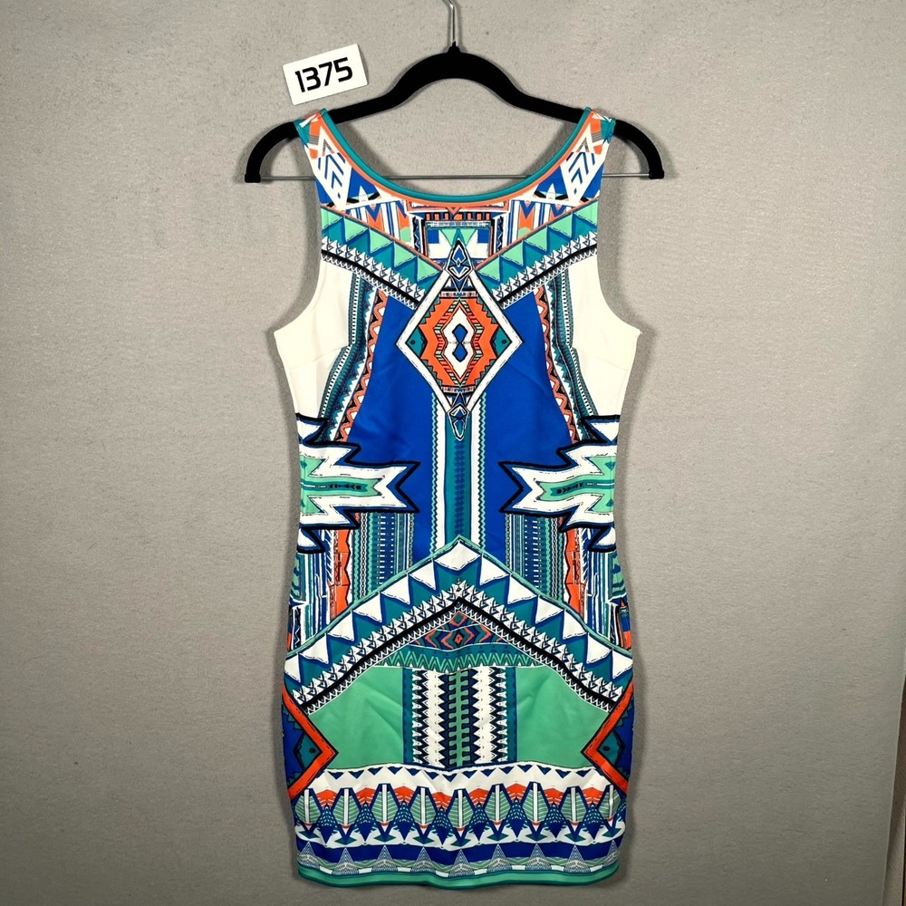 Peach Puff Bodycon Dress Womens Medium Multicolor Geometric Tribal Print Front